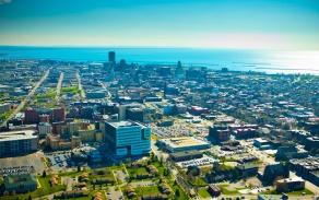 Aerial photo of UB's Downtown Campus. 